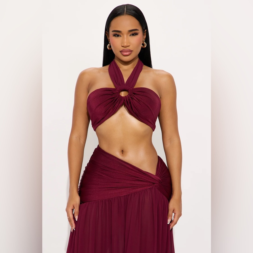 FASHIONNOVA Wine Blissful Day Maxi Skirt CutOut Halter Tie Around Style Set - Picture 2 of 3